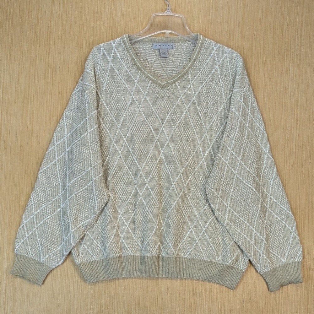 Cypress Links Men Large Tennis Prep Tan Argyle Knit V-Neck Cotton Sweater USA